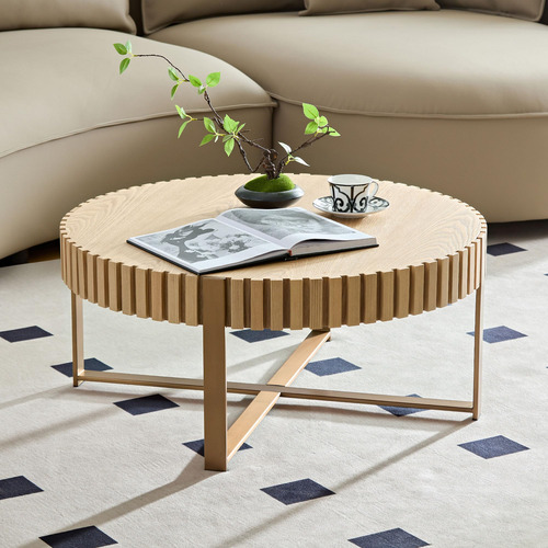 Mesa De Centro Redonda 80 Cm Madera Maciza Patas Acero Inoxi
