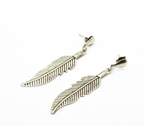 Imagen 2 de 3 de Aros Aritos Colgantes Pluma Boho Oro Blanco 14k Gold Filled