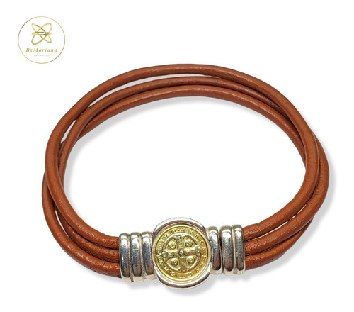 Imagen 1 de 7 de Pulsera Plata Y Oro Y Cuero San Benito Con Iman