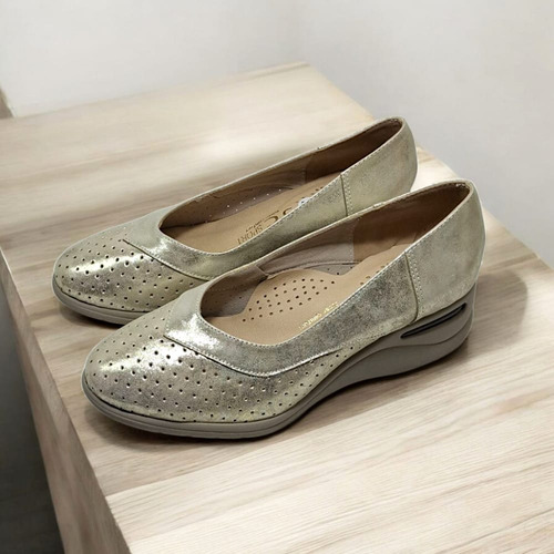 Zapato De Cuero Linea Comfort Taco Chino Camara Aire Daria Platino 36