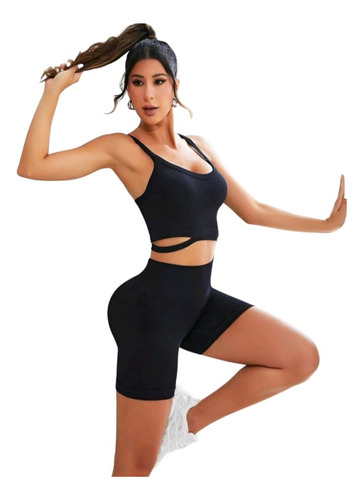 Conjunto Deportivo Biker + Crop Top Push Up- Negro  Ref 5170