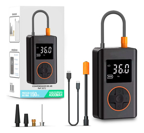 Compressor Digital Bomba De Encher Pneus Fsl Portátil Para Carro Bicicleta Moto C/ Power Bank Preto Com Calibrador 127/220V