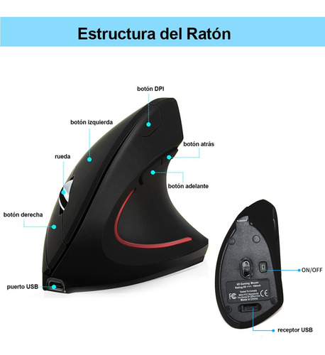 Imagen 6 de 7 de Mouse Inalámbrico Ergonómico Recargable Con 6 Botones 3 Dpi