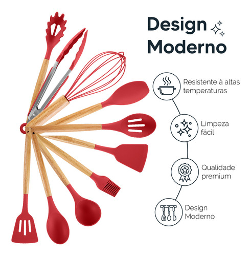 Kit 12 Utensílios Cozinha Silicone Cabo Madeira Resistente