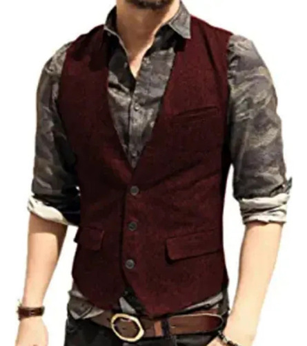 Chaleco Negro Con Bolsillo Abatible Para Hombre, Cuello En V