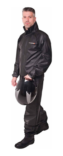 Conjunto Capa De Chuva Capuz Preto Refletiva Zíper Pioneira