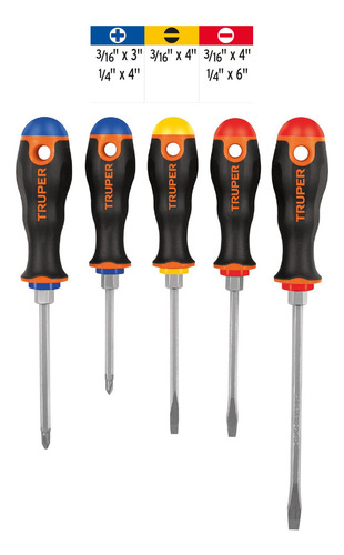 3 Pzas Juego De 5 Desarmadores Mango Comfort Grip, Truper