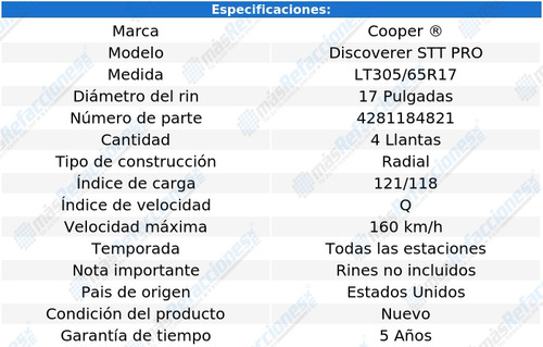 4* Llantas Lt305/65r17 Cooper Discoverer Stt Pro