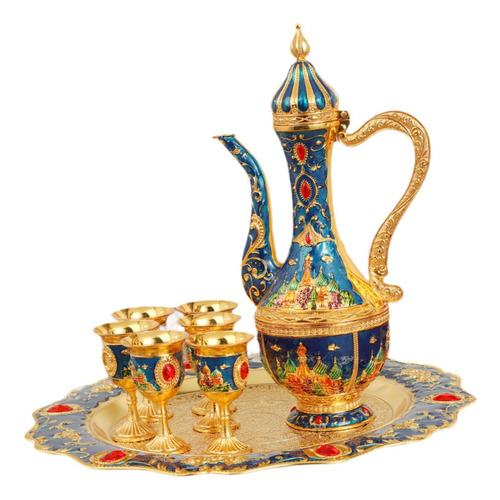 Juego De Tetera Turca Con 6 Tazas De Café Y Bandeja, Azul