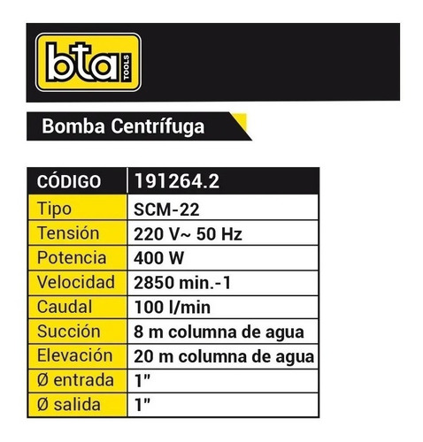 Bomba Centrifuga Bta 1 PuLG 100lts/min 20 Mts Altura 400w