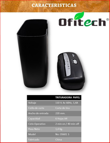 Imagen 3 de 7 de Trituradora Destructora De Papel Documentos Ofitech Ps601s