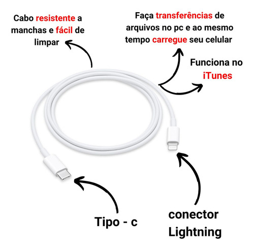 Fonte Usb C 20w Turbo Com Cabo Para iPhone 7 8 11 12 13 Cor Branco