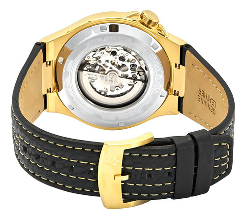 Reloj Bulova Eskeleton 97a148 para hombre fabricado en Japón. Color de la correa: negro, color del bisel: dorado, color de la parte trasera: esqueleto