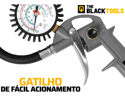 Calibrador E Inflador De Pneus Pneumático Com Manômetro 1/4 Npt 16bar 220 Libras Btbp1000 The Black Tools + 2 Mangueiras Espirais 5M