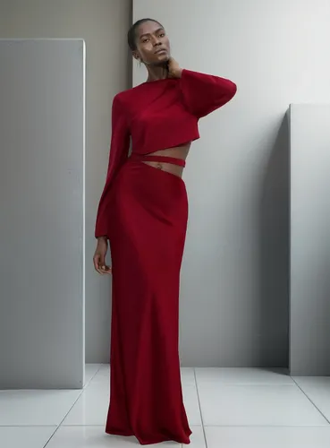Vestido Largo Raso Mangas Largas Cut Out Vizenta Moda