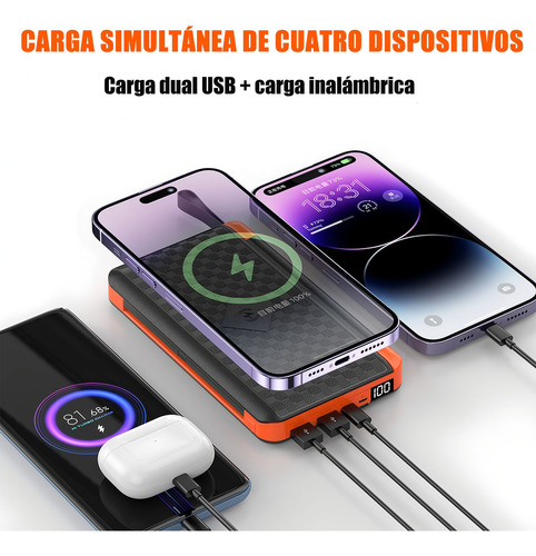Batería Portátil Con 3 Paneles Solares, Cargador Multipuerto Naranja