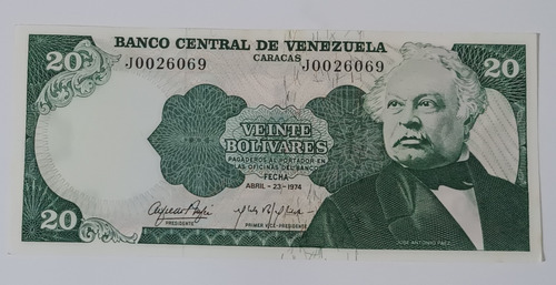 Billete 20 Bs Abril 23 1974 Sin Circular J7 - Difícil 