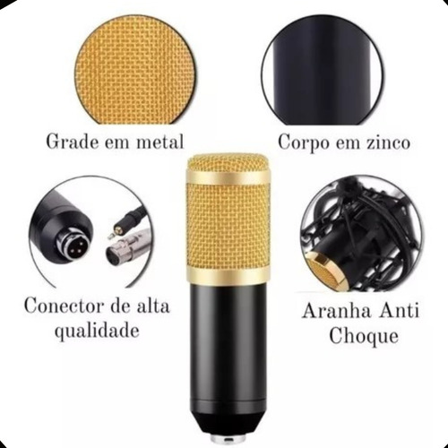 Kit Microfone ManoThor Condensador Bm800 Profissional Padrão Polar Unidirecional Suporte anti-choque Cabo XLR Fêmea X P2 Pop Filter Braço Articulado Prendedor Espuma Proteção Gravação Podcast