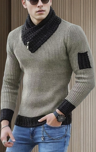Jersey Cuello Bufanda Suéter Casual Delgado Para Hombre