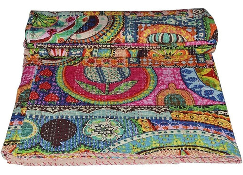 Indian Patch Work Cotton Kantha Quilt Queen Bedsets Throw Bl