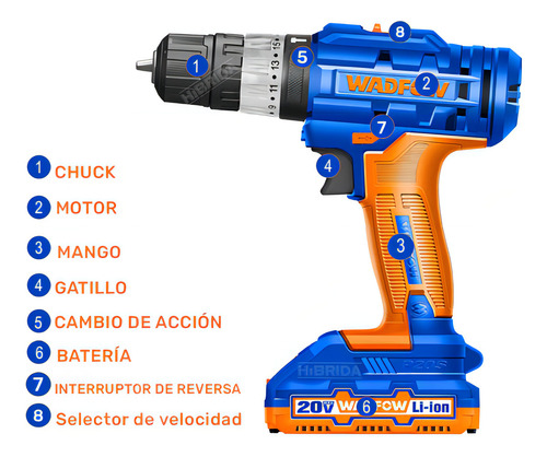 Furadeira de impacto sem fio 20v 2bat Wadfow, cor azul e laranja