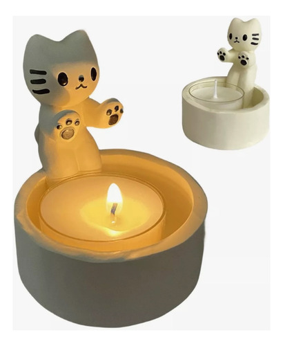 Portavelas Gato-base Para Velas Gato Resina Forma De Gatito Beige