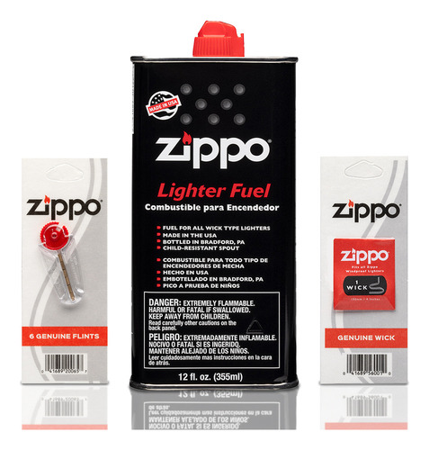 Kit 1 Bote De Gasolina Zippo 12oz Original + Piedras + Mecha