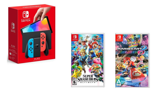 Nintendo Switch Oled Y Juegos Mario Kart8 Y Super Smash Bros Color Negro