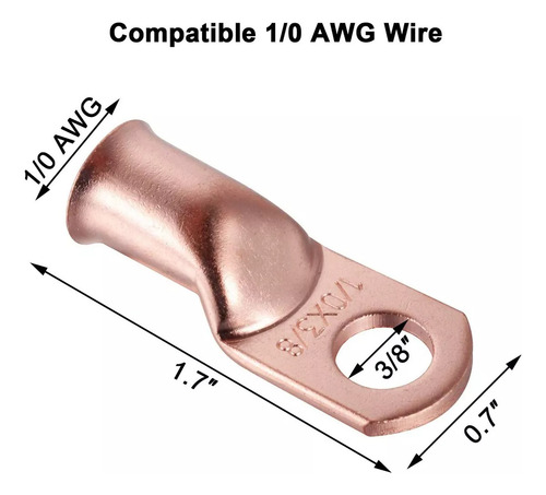 10 Terminales De Batería De Cable 100% Cobre, 1/0 Awg-3/8 Ocre