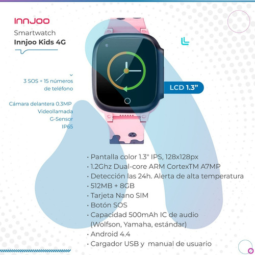 Imagen 2 de 10 de Smartwatch Innjoo 4g Geo Localizador Chips Pink Kids