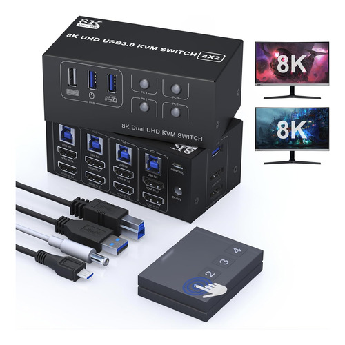 Conmutador Kvm Hdmi 8k De Doble Monitor 4 Computadoras,...