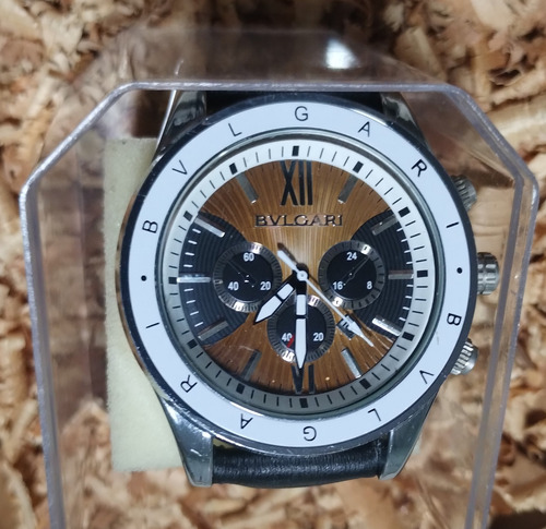 Relógio Inspirado A Bvlgari Mod 9585 Masculino Social Preto Prateado Azul E Palha
