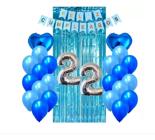 Kit Decoración Feliz Cumpleaños Bombas Azul+numero+corazon