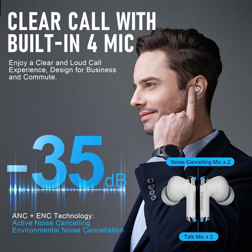 Fones De Ouvido Tws Sem Fio Bluetooth 5.3 Anc + Enc 4 Mics