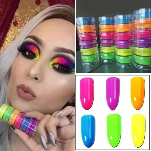 6 Potinhos Pó Neon Glitter Fino Decoração De Unhas Nail Art