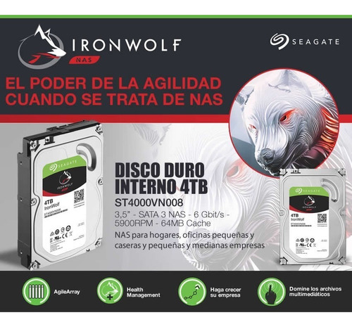 Imagen 2 de 7 de Disco Rigido 4tb Seagate Ironwolf Nas 5900rpm 64mb