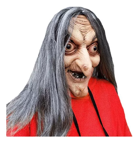 Máscara de bruxa velha feia adulta, adereços assustadores, látex com  cabelo, traje de festa de Halloween para mulheres