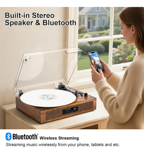 Tocadiscos De Vinilo Bluetooth Madera Marrón 3 Velocidades Color