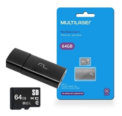 Cartão Memória Microsd 64gb Pendrive Usb Multilaser Class 10