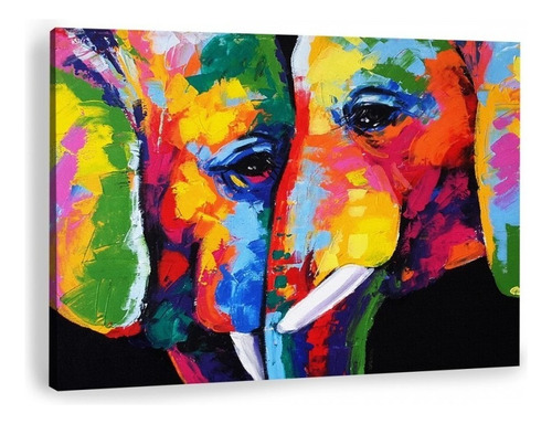 Cuadro Elefantes En Lienzo Canvas Colores Moderno Tipo Oleo Color Amor Armazón Bastidor
