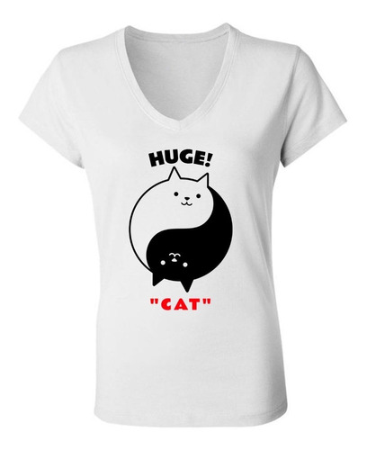 Remera Yin Yang Gatos / Huge Cat/ Mujer Escote V 