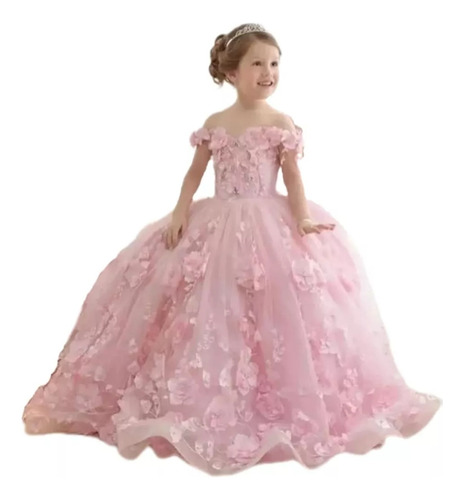 Vestido De Princesa Rosa Con Flores 3d Sin Cauda Para Niña