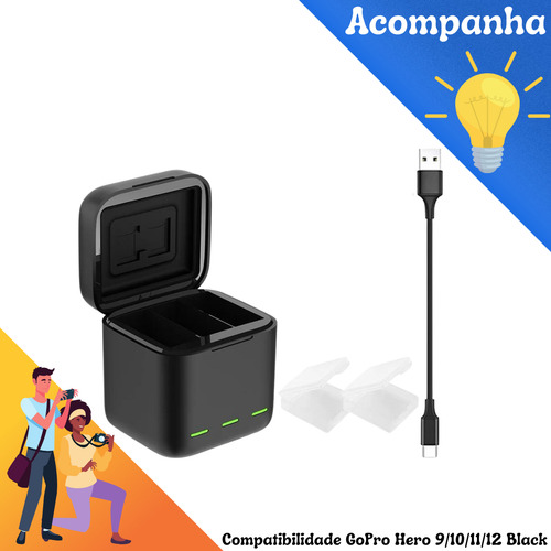 Carregador Triplo Para Bateria Gopro Hero 9 10 11 12 Telesin