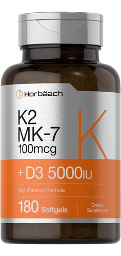 Vitamina D3 5,000 Iu + K2 (mk7) 100 Mcg Horbaach 180 Caps