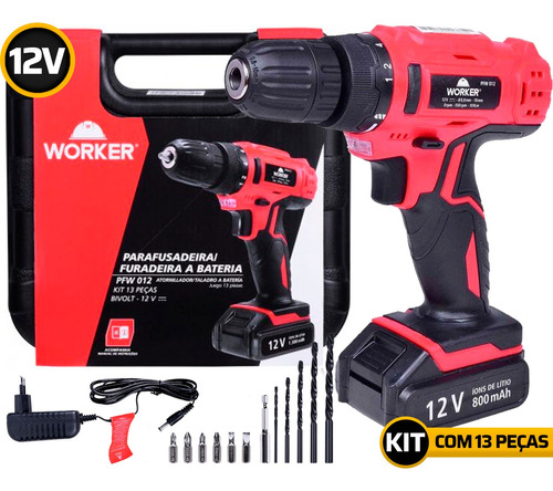 Parafusadeira 12v Bateria Biv Kit Com 13 Peças Worker