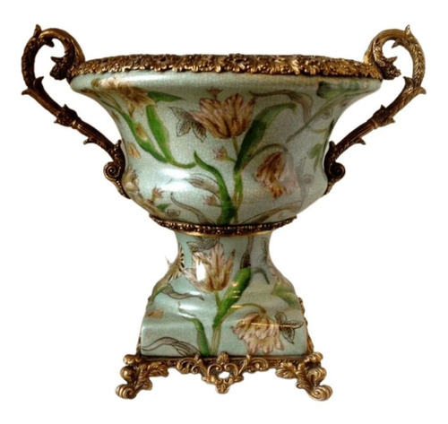 Ânfora (vaso) Em Porcelana Craquelê, Alças E Base Em Bronze