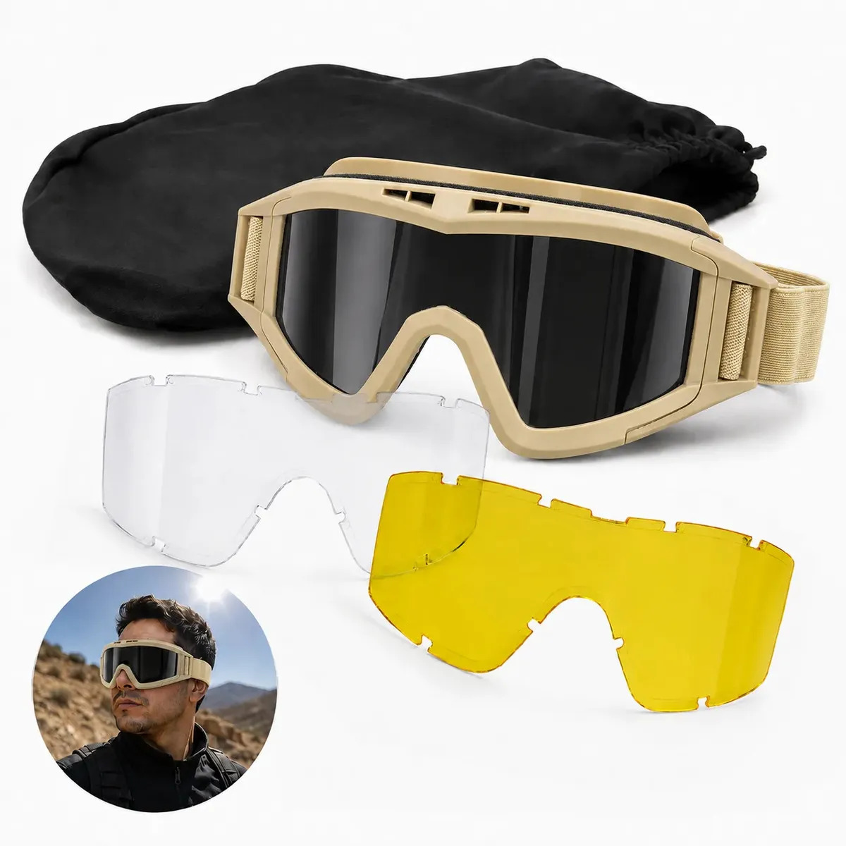 Nuodwelle Lentes Balísticas Tácticas Sp049 Con 3 Lentes Y Careta-Caqui