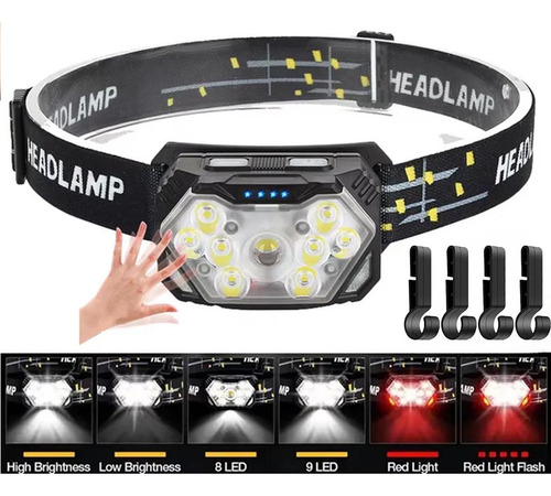 Linterna Frontal De 9 Led Con Carga Usb Y Sensor De Movimien