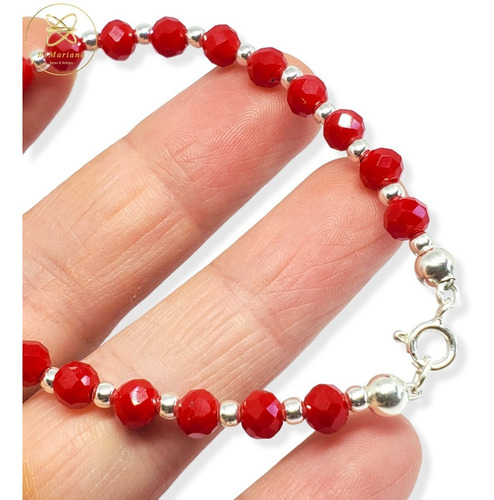 Pulsera Plata Con Cristales Rojos Y Bolitas De Plata