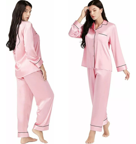 Pijama Mujer Seda Pantalon Largo Camisa Sexy Boton Bolsillos